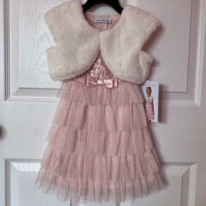 NWT JONA MICHELLE Girls Blush Dress w/Fur Jacket 2T Sequins Glitter